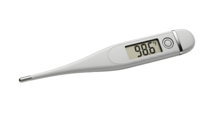 White Digital Thermometer Product Shot showing 98.6°F isolated on white background