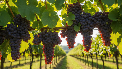 Ripe grapes hanging from vine in a vineyard