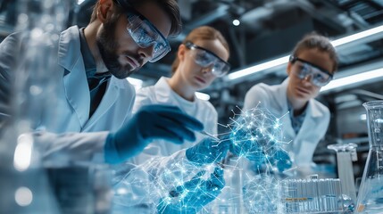 team of scientists examining holographic quantum molecular network