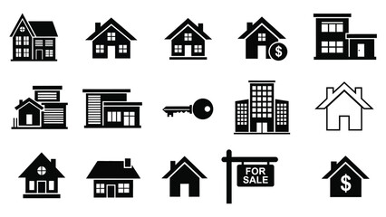 Collection of black house icons real estate symbols and property related elements