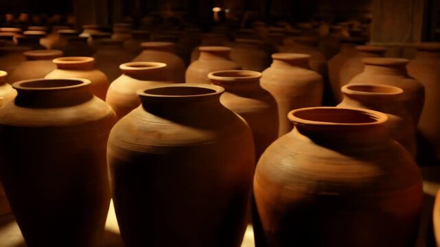 Clay jars lined up in a dimly lit pottery studio during evening hours