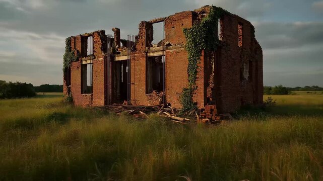 Old brick building stands in a field with tall grass under a cloudy sky during the late afternoon