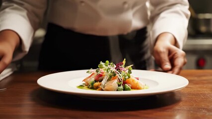 Chef presenting a gourmet salad on a white plate in a professional kitchen setting