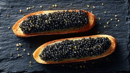 Caviar toast with precise rectangular cut, photographed from above, deep slate background, clean spacing