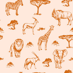 African animals, seamless pattern, safari, vector illustration set, hand-drawn sketches, lion, elephant, giraffe, antelope