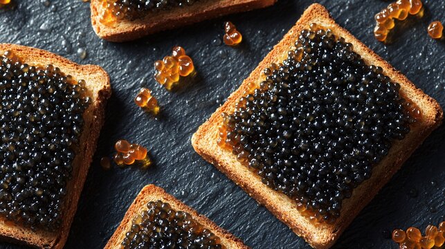 Caviar toast with precise rectangular cut, photographed from above, deep slate background, clean spacing - Powered by Adobe