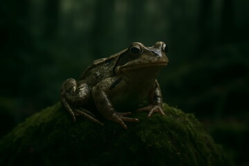 Fototapeta premium Frog resting on a mossy surface in a dark natural forest environment.