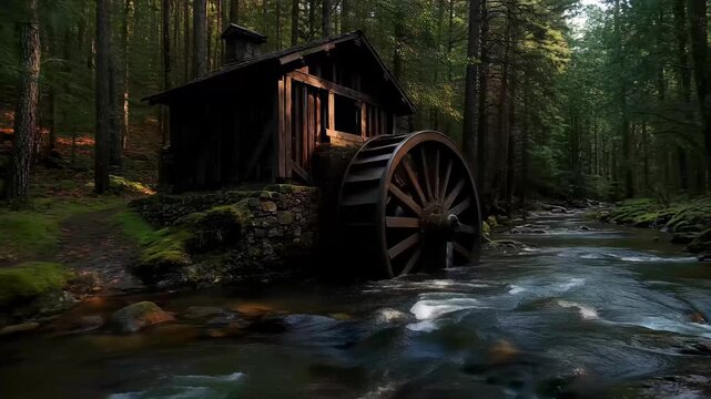Waterwheel turns next to wooden cabin by stream in forest during daylight hours
