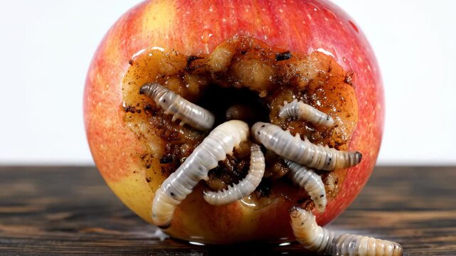Macro close-up view of a single red apple fruit in advanced stages of decay with a large hole infested with white maggots and larvae crawling inside representing food waste and biological decompositio