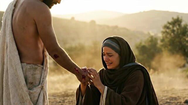 Risen Jesus Christ appearing to weeping Mary Magdalene kneeling in garden at sunrise showing hand wounds representing resurrection miracle and easter redemption scene in holy bible story