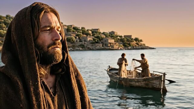 Jesus Christ walking along galilee sea shore looking at fishermen in boat casting nets representing calling of first disciples and beginning of ministry