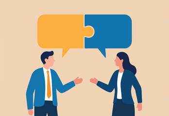 Communicate solution to solve problem, agreement, teamwork or cooperation, conversation message, meeting or discussion concept, business people communicate with connected jigsaw puzzle speech bubble