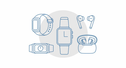 Collection of modern wearable technology devices, including smartwatches and wireless earbuds.