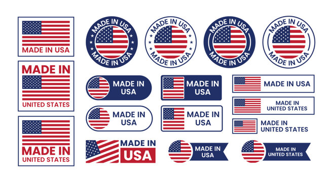Made in USA United States of America Flag Icon Set in Line and Flat Style with Badges, Banners, Circles, Stickers, Logos and Stamps, Isolated Vector Labels for American Products, Business and Commerce