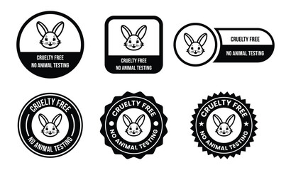 Cruelty Free No Animal Testing Icon Set for Ethical Beauty and Cosmetics, Vegan Friendly Labels and Badges in Black Line Flat Vector Style Isolated on White Background