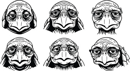 Line art close up six elderly turtle faces wearing round glasses showing varied expressions three by two grid black ink engraving vector art isolated white background