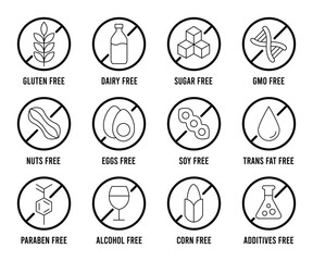 Set allergen free icons. Allergen free label products. 
Free dairy, gmo, Paraben, alcohol,additives, gluten, sugar, corn, egg, trans fat, dairy, soy, nuts,  symbol, logo, badge