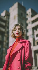 Stylish woman in a bold pink coat standing in an urban setting, modern fashion portrait with confident attitude, city architecture background, contemporary street style concept.