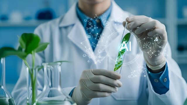 Scientist in modern scientific laboratory, holding a glass test tube containing green plant with visible DNA helix, biotechnology and AI technology concept agricultural research, clean laboratory - Powered by Adobe