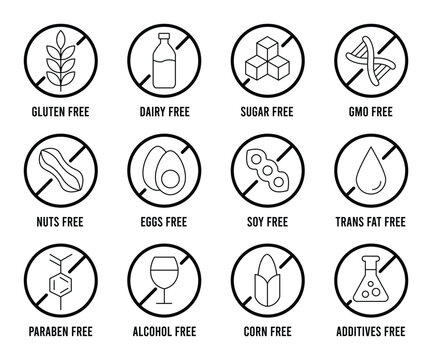 Set allergen free icons. Allergen free label products. 
Free dairy, gmo, Paraben, alcohol,additives, gluten, sugar, corn, egg, trans fat, dairy, soy, nuts,  symbol, logo, badge