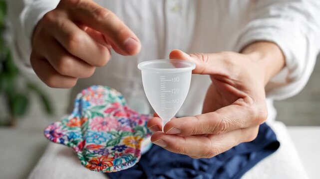 Close up view of woman's hands holding a reusable medical-grade silicone menstrual cup and a washable cloth sanitary pad representing sustainable zero waste feminine hygiene choices