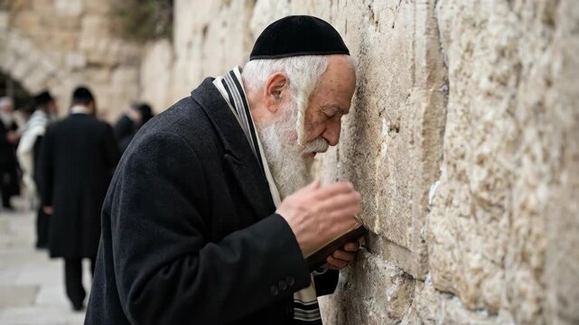 Elderly Orthodox Jewish man with white beard wearing traditional tallit prayer shawl and kippah praying devoutly against the stones of the Western Wall holy site in Jerusalem, Israel