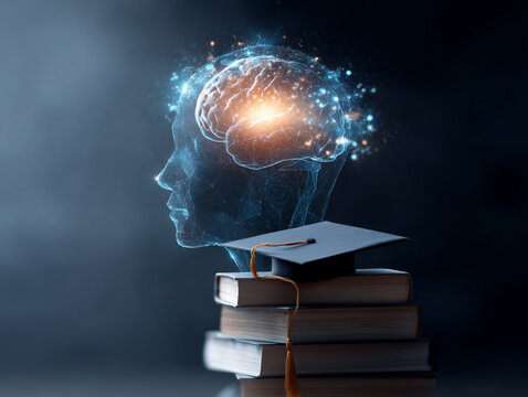 Inteligencia artificial y educaci&oacute;n moderna con libros, birrete acad&eacute;mico y cerebro digital iluminado, representando el aprendizaje, el conocimiento y la evoluci&oacute;n tecnol&oacute;gica en el &aacute;mbito educativo