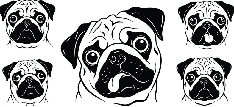 Line art close up pug head tongue out centered with four mirrored smaller pug faces surrounding on white background bold high contrast playful vector portrait illustration