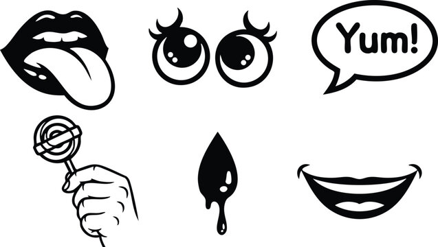 Retro cartoon sticker sheet close up bold black line lips with tongue wide eyes speech bubble yum hand holding lollipop dripping drop smiling mouth playful cheerful