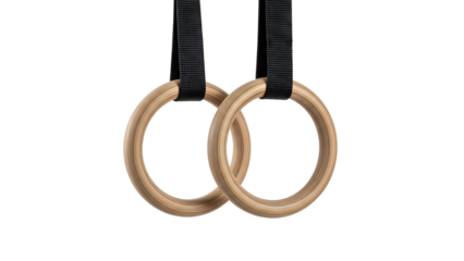 Pair of Wooden Gymnastic Rings with Black Straps Isolated on White Background