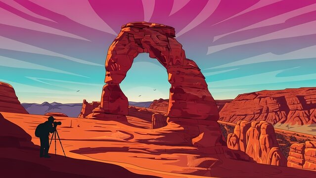 Photographer capturing delicate natural arch in desert landscape