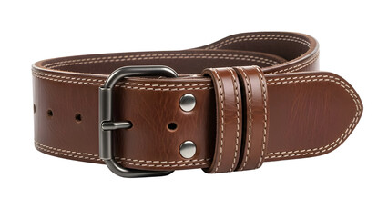 Brown Leather Belt Product Shot with Silver Buckle and White Stitching Isolated on White Background