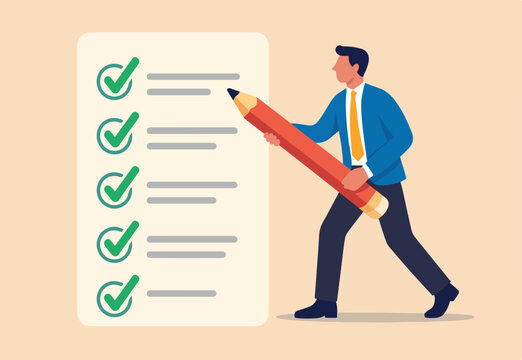 Complete checklist, correct or approval task list, productivity or efficiency compliance, perfect accomplish or task done concept, businessman hold pencil will all completed checklist finished tasks.