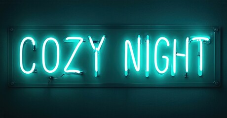 Bright neon sign displays Cozy Night. Turquoise glow contrasts dark background. Simple rectangular frame holds illuminated text.