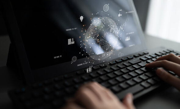 Global business network connecting digital economy and data exchange. Global business expands market, business shares data, global drives finance, and global business supports insight. Latch - Powered by Adobe