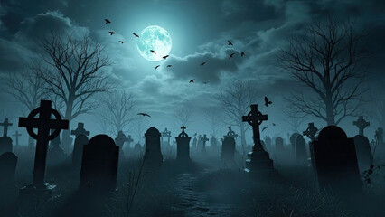 Spooky cemetery scene under full moon with flying birds