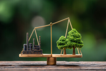Carbon neutrality concept, balanced scale with factory and forest, climate action