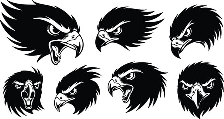 Obraz premium Tattoo flash eagle head collection showing snarling and screaming beaks in various side and front angles for sports mascot badge and logo design bold black silhouettes