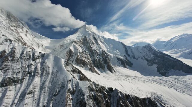 The southern side of Khan Tengri Peak and the bottleneck. Beautiful mountains and glacier. Kyrgyzstan 4K