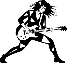 Naklejka premium Silhouette of female guitarist in sumi-e style performing intens 