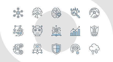 Collection of Artificial Intelligence and Technology Icons for Digital Design.