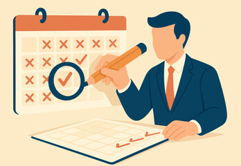 Consistency, discipline or calendar planning productivity, task organize, routine or deadline, complete checklist reminder or progress concept, businessman holding pencil tick every day on calendar.