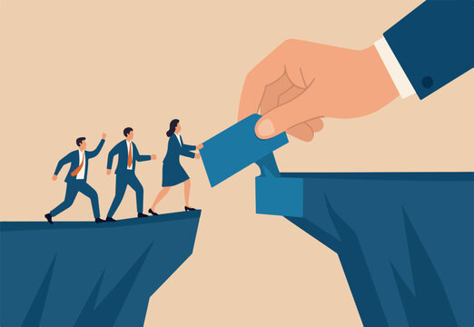 Connect the bridge to help and support team to success, solution or assistance concept, giant manager hand help connect missing piece as the bridge for team members to cross the gap.