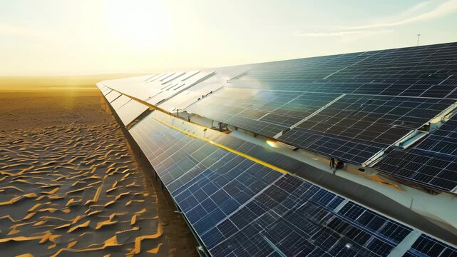 Engineers Install Solar Panels on Desert Ground Under Morning Sun
