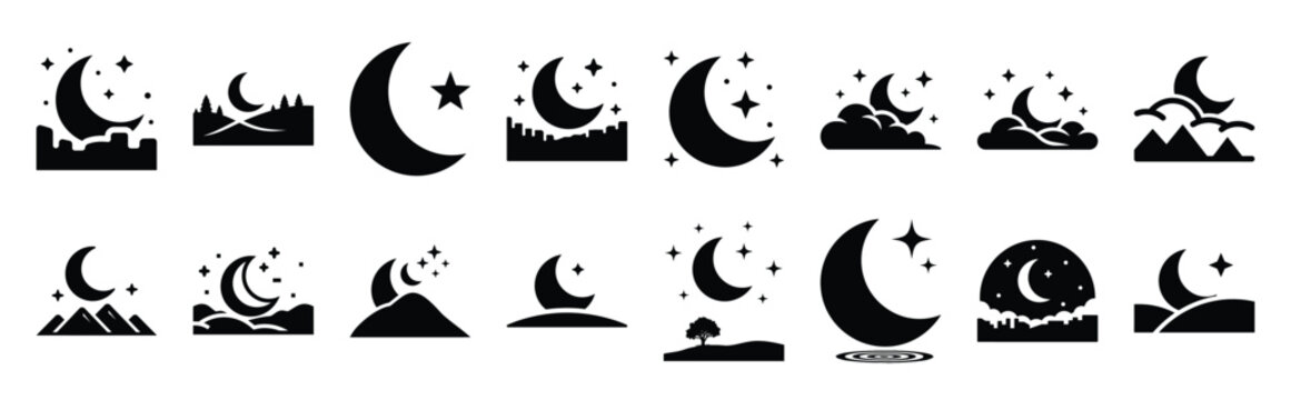 moon night silhouette icon set