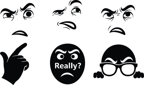 Flat design close up skeptical face and gesture icon set showing raised eyebrow pointing hand chin pose with really text and glasses black silhouettes on white