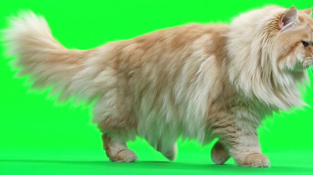 A fluffy orange Persian cat with distinctive flat face walks majestically across a vibrant green screen.