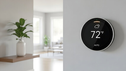 Modern smart thermostat displaying 72 degrees fahrenheit on wall in living room with plant on shelf