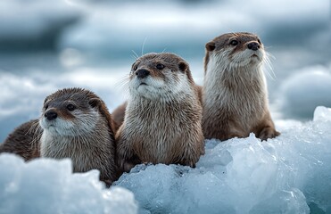 Three otters on ice floe wildlife portrait natural habitat and conservation concept