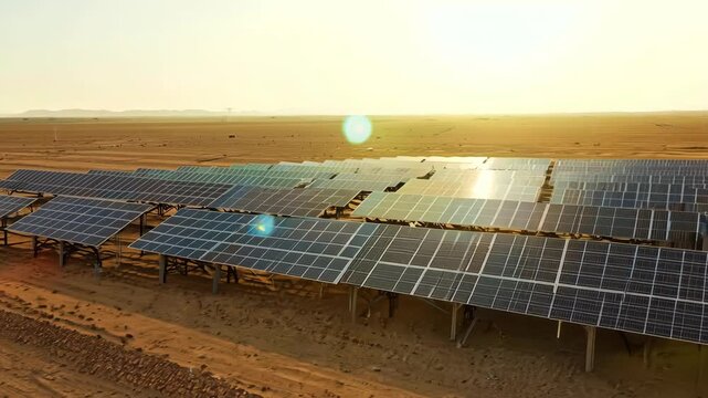 Engineers Install Solar Panels on Desert Ground Under Morning Sun